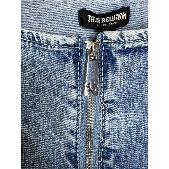 True Religion Denim Jumpsuit Womens XL Blue Front Zip Slit Distressed Overalls - Picture 7 of 14
